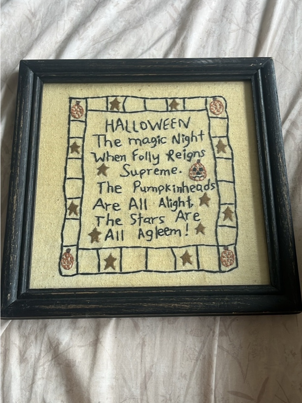 Hand-Embroidered Halloween Wall Art in Black Frame